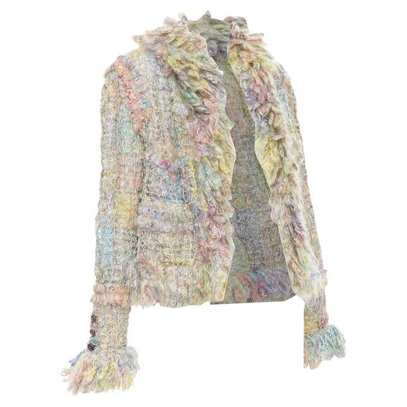rare CHANEL 03A Runway multicolor fluffy mohair boucle tweed jacket FR42 XL - Picture 3 of 9
